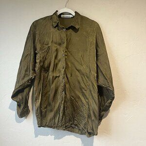 vintage laurel escada Green Shinny Button Up Top Boho Metallic Blouse